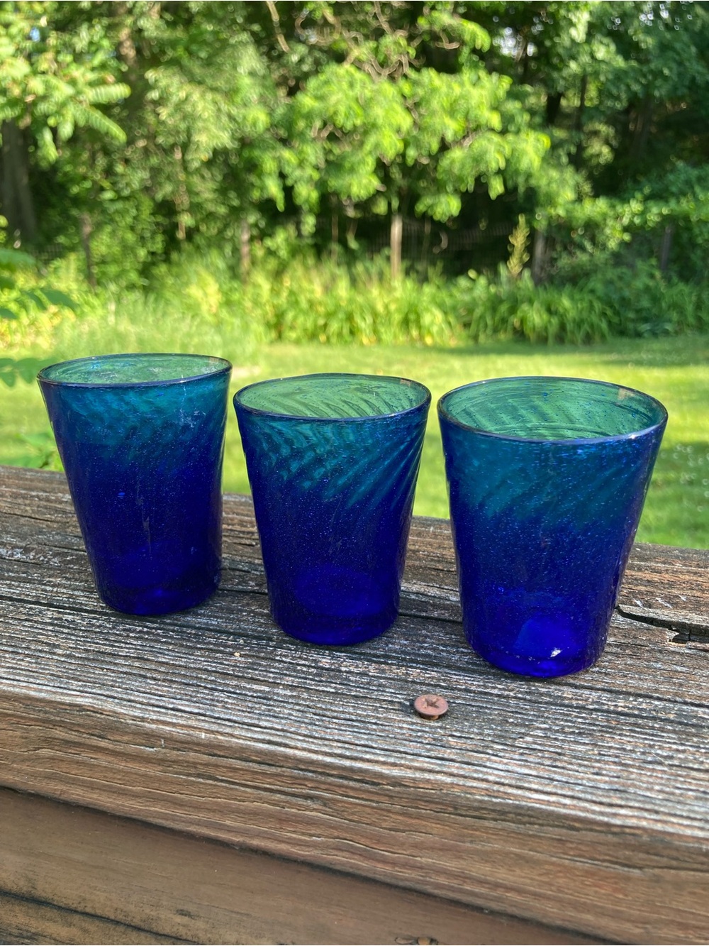 Vintage Set of 3 Cobalt Blue Mexican Swirl Textured Glass Tumblers Shot Glasses
